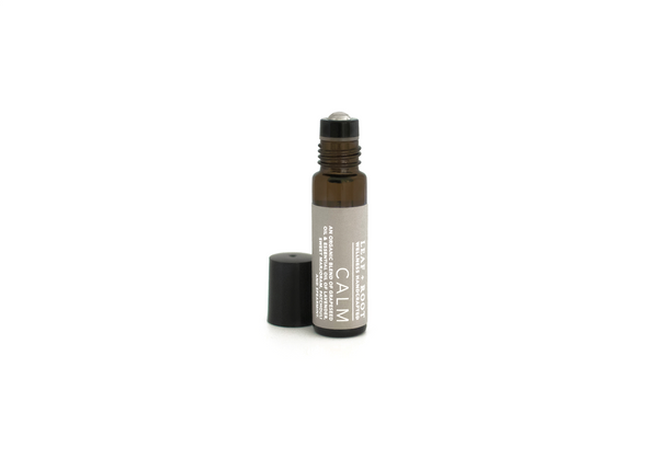 CALM AROMATHERAPY ROLL ON An effective combination of organic essential oils chosen for their ability to calm our mind and body.  The essence of lavender and patchouli encourages us to pause with purpose and to linger in this relaxed state.  