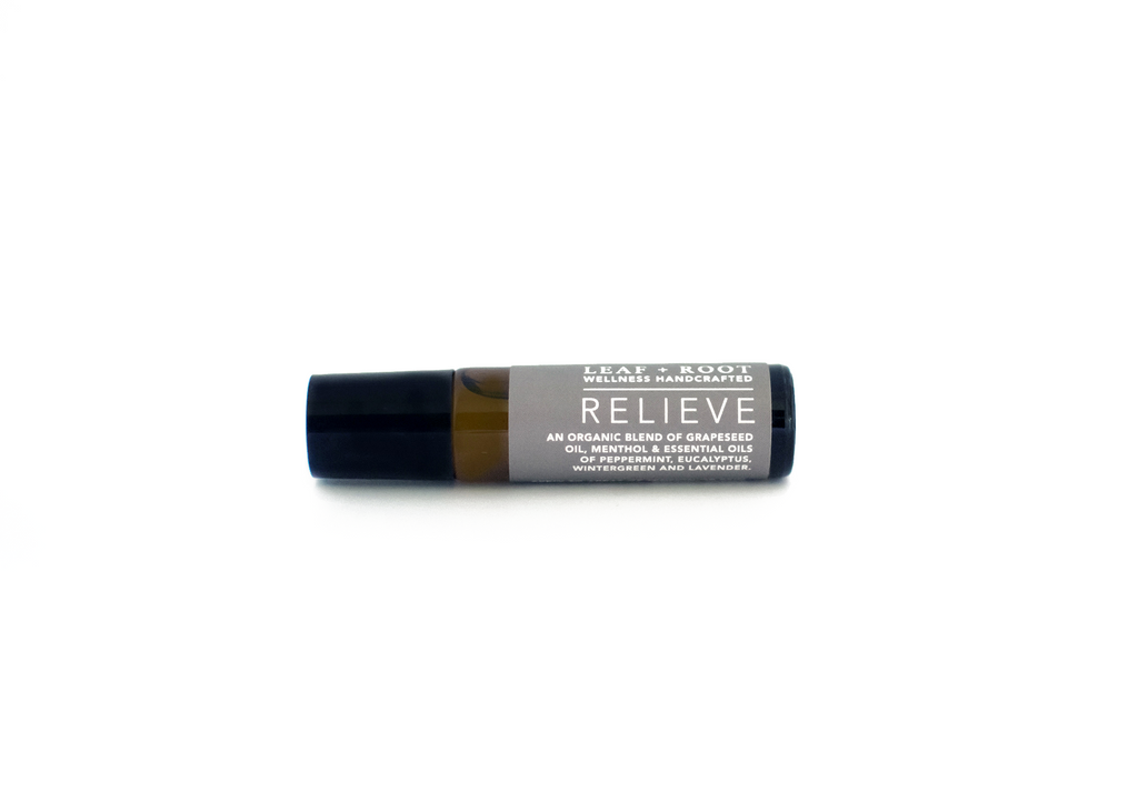 RELIEVE AROMATHERAPY ROLL ON A potent combination of organic essential oils chosen for their ability to relieve daily stresses and pains.